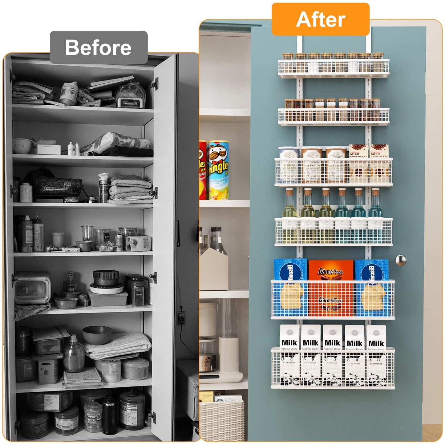 Bunoxea 6-Tier Over The Door Pantry Organizer,Hanging Spice Rack,Over Door Adjustable Basket with Handle,Pantry Organization And Storage, Laundry Room,Bathroom,Large Capacity,D5.3xW15.7xH60.9in
