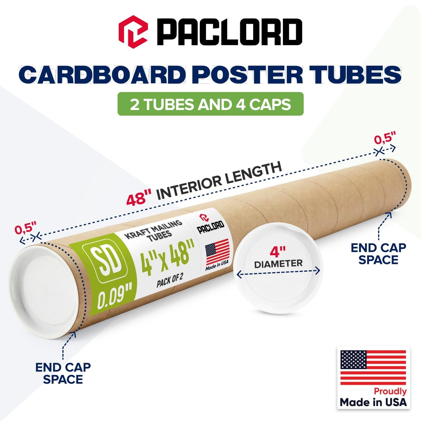 4" x 48" Reinforced Kraft Paper Mailing Tube, Pack of 2 Tubes with 4 Caps – Secure USPS Approved Poster Tube – Made in USA Cardboard Tube for Shipping and Storing Posters, Prints, Artwork