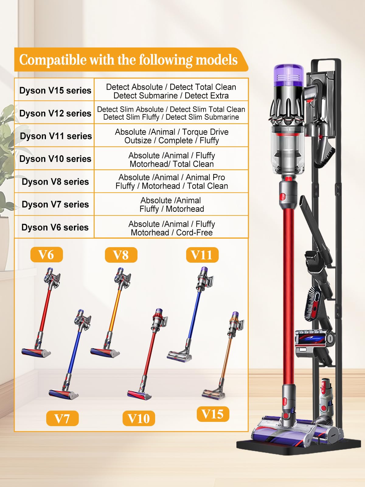 Haturi Vacuum Stand for Dyson V15 V12 V11 V10 V8 V7 V6, Metal Storage Holder for Cordless Vacuum & Accessories, Compatible with DC30 DC31 DC34 DC35 DC58 DC59 DC62 DC74, Black