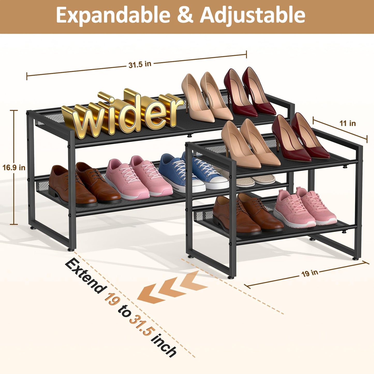 Expandable Shoe Rack, 2 Tier Adjustable Shoe Organizer with Flat & Slant Dual Use Design, Space Saving Shoes Stand for Closet & Entryway, Sturdy Dense Metal Grid Shoe Holder for High Heels, Sneakers