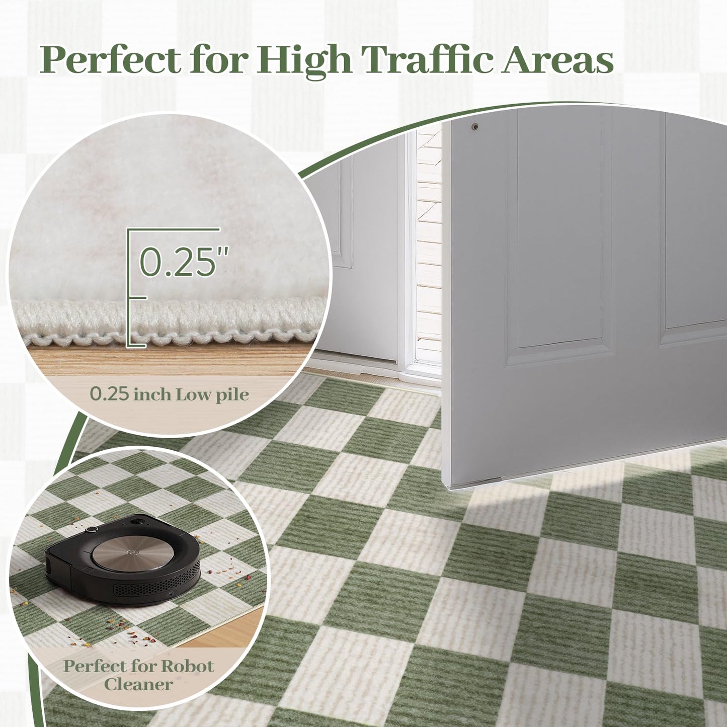 Machine Washable 5x7 Area Rugs for Living Room Checkered, Non Slip Soft Low Pile Farmhouse Geometric Modern Neutral Playroom Boys Rugs for Bedroom, Large Carpet Rugs for Dining Room(Sage Green,5'x7')