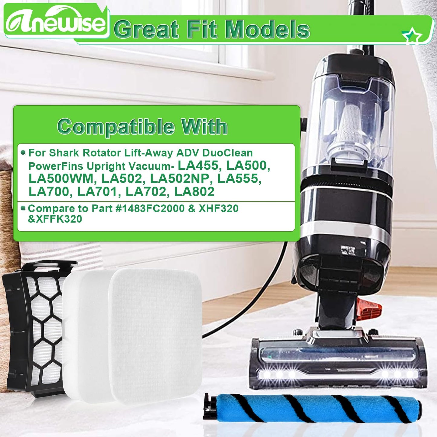 Anewise LA502 Brush Filter for Shark Rotator Lift-Away DuoClean PowerFins LA500 LA455 LA502 LA502NP LA500WM Upright Vacuum, 1 Brush, 2+4 Filters, Part #1483FC2000, XHF320, XFFK320
