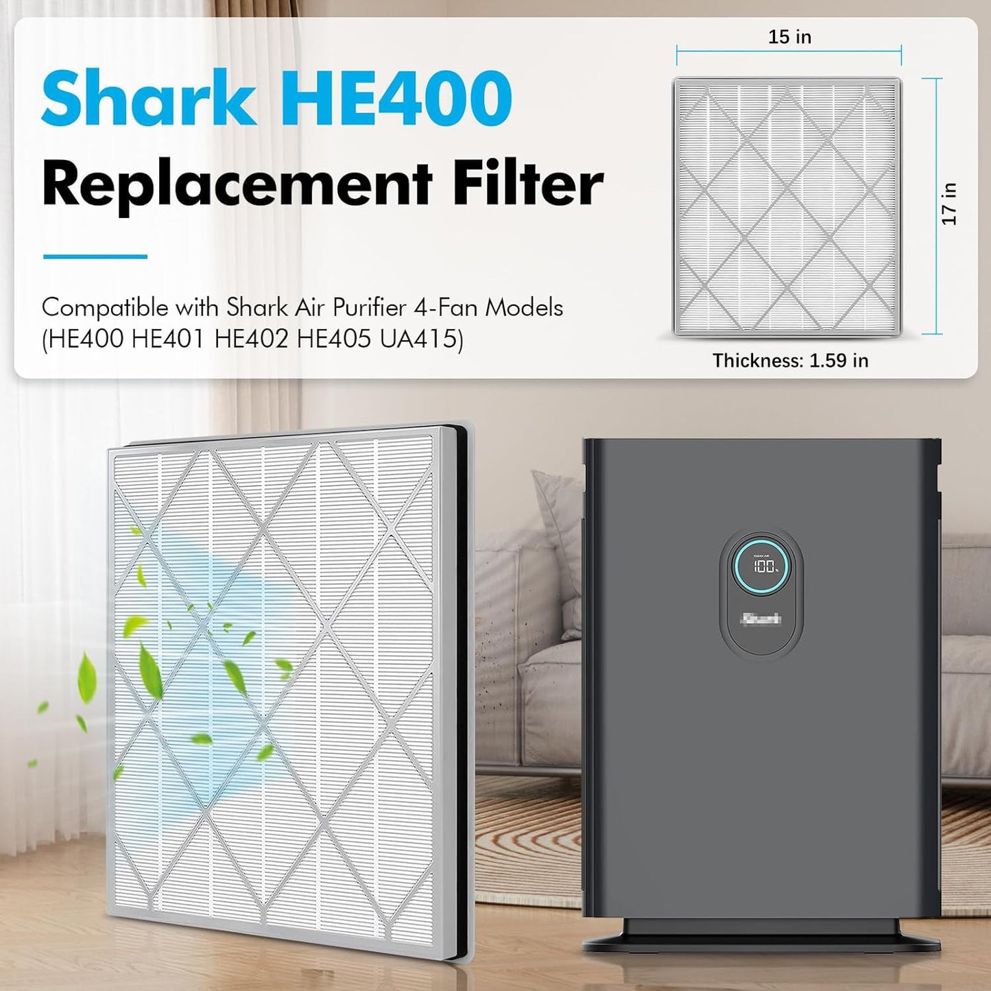 FFAC 2 Pack HE401 Filter Replacement for Shark Air Purifier 4-Fan Model, HE402 HEPA Filter Compatible with Shark HE401 HE402 HE405 Air Purifier, Part HE4FKPET