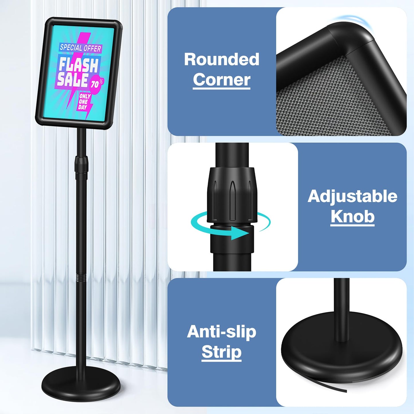 Netuaoo Sign Stand Sign Holder Stand Sign Stands for Display 8.5 x 11 Inches Pedestal Sign Holder 360° Rotation Adjustable Signage Stand for Business Exhibition, Restaurant, Supermarket (Black)