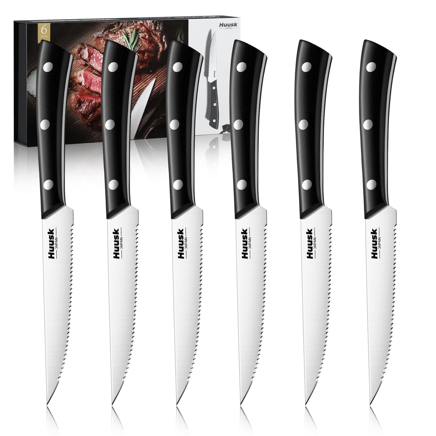 Huusk Steak Knives Set of 6, Sharp Serrated Steak Knives with Full Tang Handle, Japanese Stainless Steel Stake Knife Set for Dinner Kitchen Table, Birthday Gifts Box for Men Women
