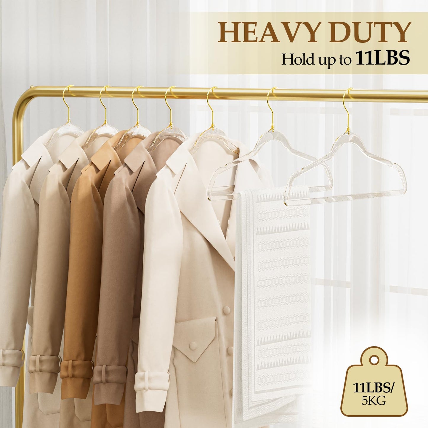 50 Pack Clear Plastic Hangers with Gold Glitter, Acrylic, Ultra Slim, Space Saving, for Coats, Pants, Suits, Shirts, Skirts, Dress Clothes