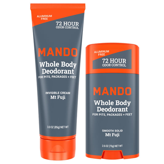 Mando Whole Body Deodorant - Invisible Cream Tube and Solid Stick - 72 Hour Odor Control - Aluminum Free, Baking Soda Free, Skin Safe - 3.0 Ounce Tube and 2.6 Ounce Solid Stick Bundle - Mt Fuji