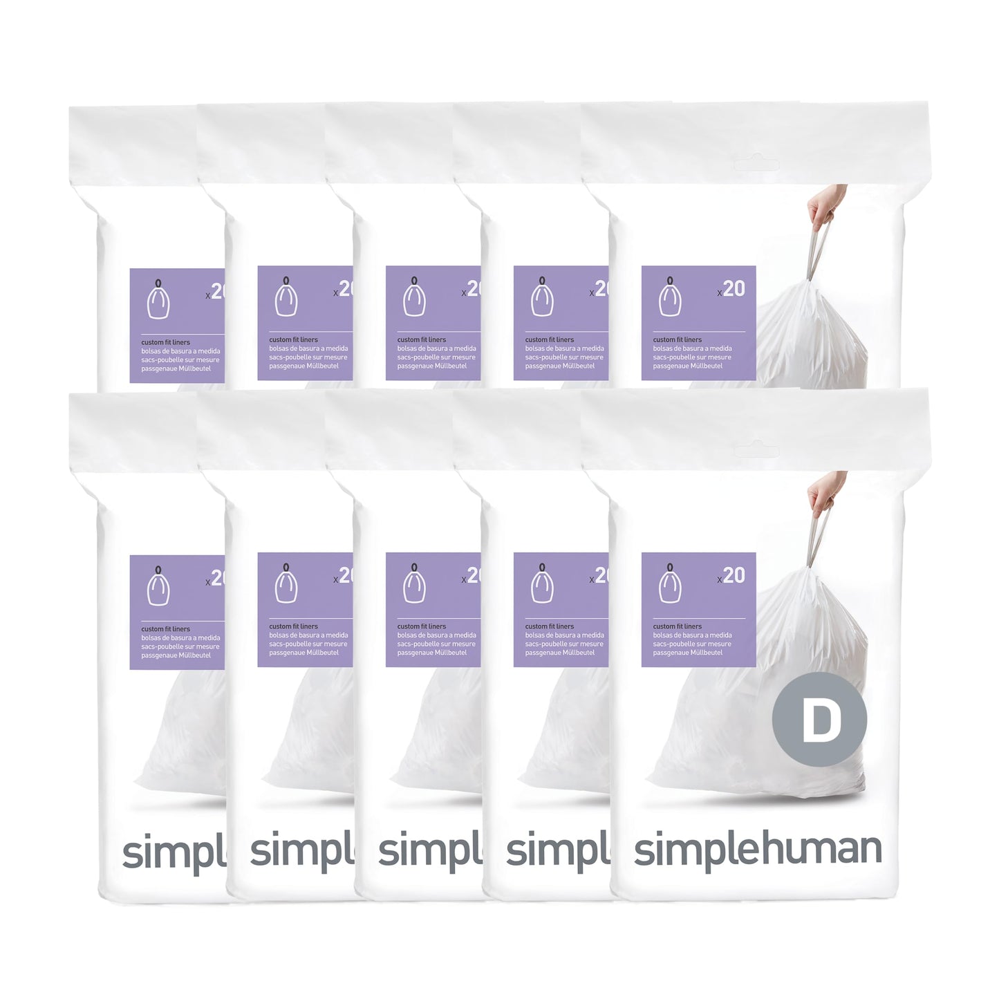 simplehuman Code D 200 Count Custom Fit Liners, Drawstring Kitchen Trash Bags, One-by-One Mess-Free Dispense, Extra Thick & Double Seamed, 50% PCR Plastic, 20 Liter / 5.3 Gallon, White