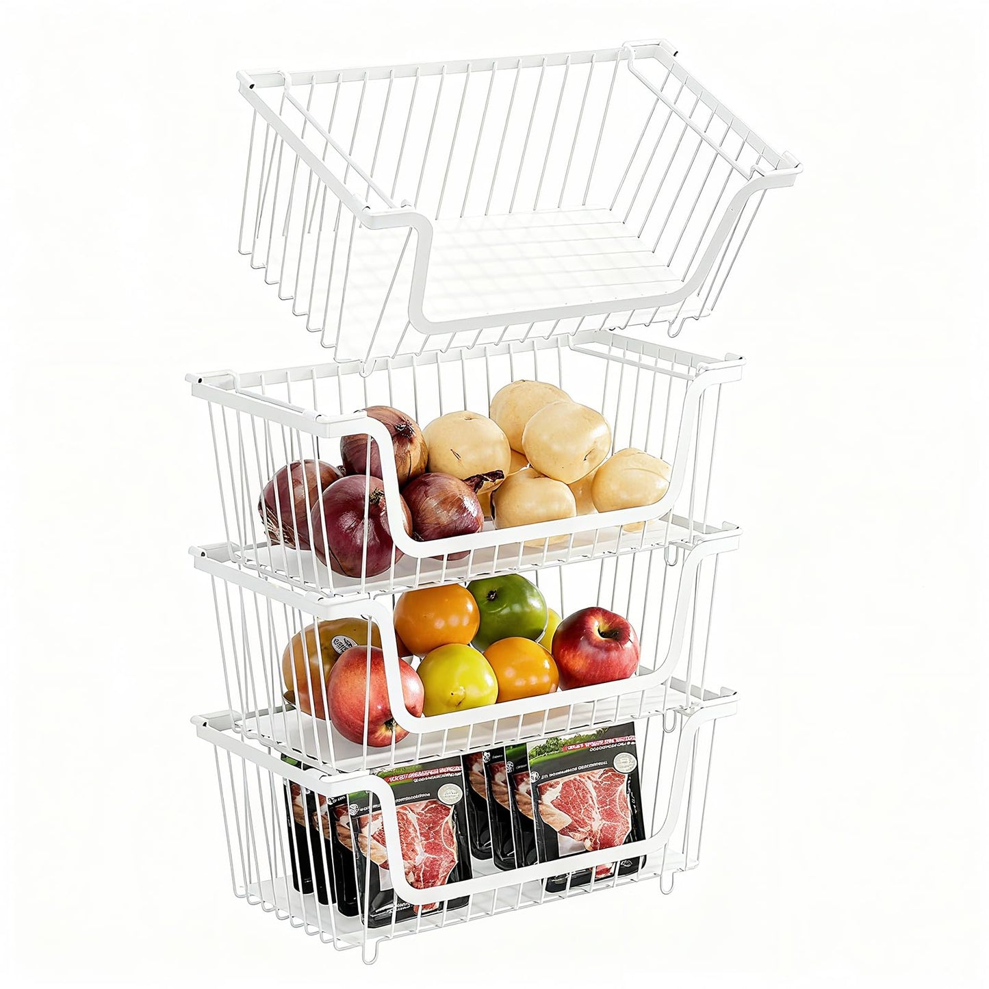 GAOKASE 4 Pcs Stackable Wire Baskets for Pantry Organizers and Storage,Vegetable Fruit Basket for Countertop,Kitchen Storage Metal Baskets,Produce Potato Onion Storage Bin,White