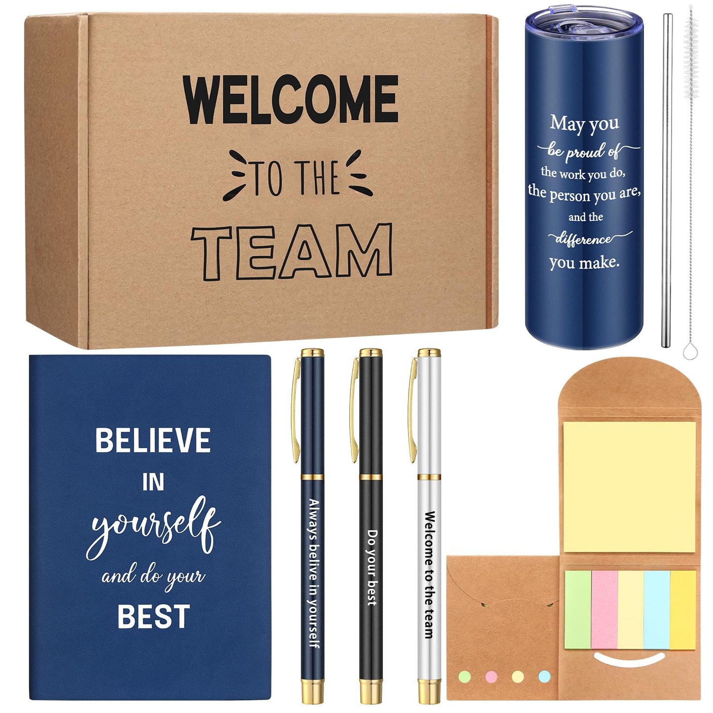 Teenyyou 7 Pcs New Employee Welcome to The Team Gift Set for Him or Her Welcome to The Team Gift Box Holiday Gifts Include 20oz Tumbler Notebook Pens and Sticky Note for New Employee Worker(Blue)