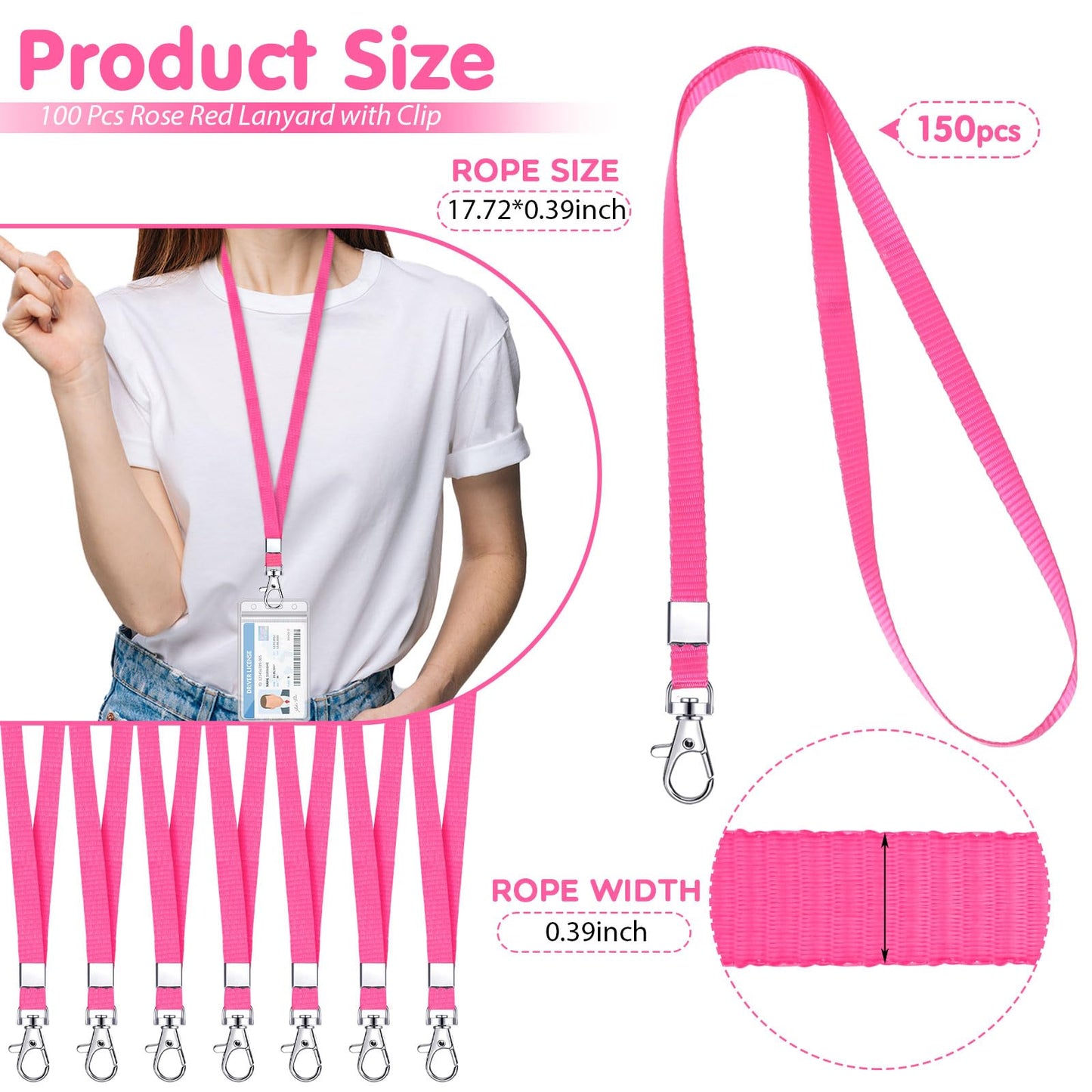 Cholemy 150 Pcs Pink Lanyards for ID Badges Nylon Necklace Lanyard Bulk with Clip Swivel Hook for Women Staff Students Key Chains (Lobster Clasp)