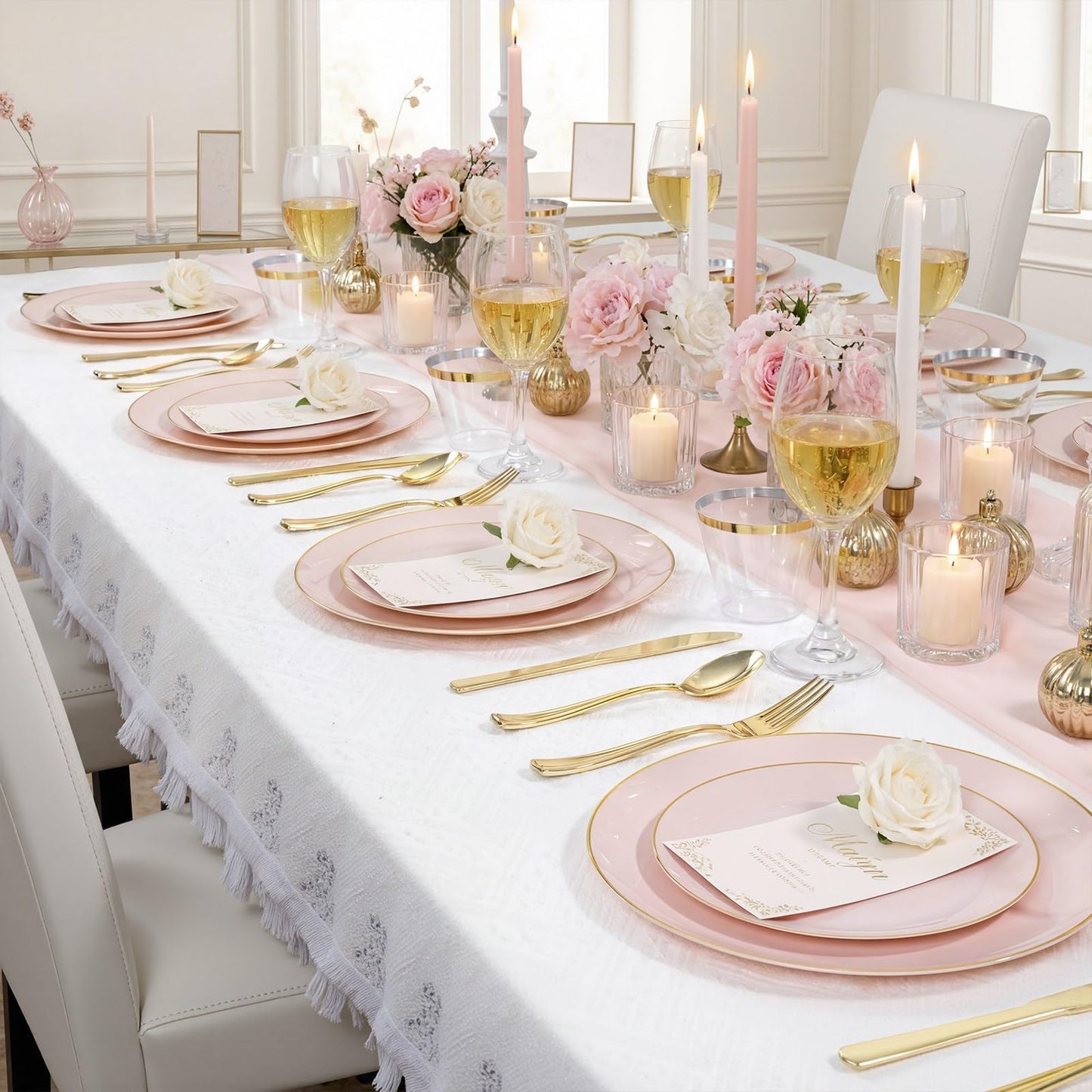 WDF 300Pcs Pink Plates Disposable - Pink and Gold Plastic Dinnerware Set for 50 Guests Include 50 Dinner & Cake Plates & 50 Disposable Cutlery & 50 9oz Cups for Wedding/Baby Shower/Birthday