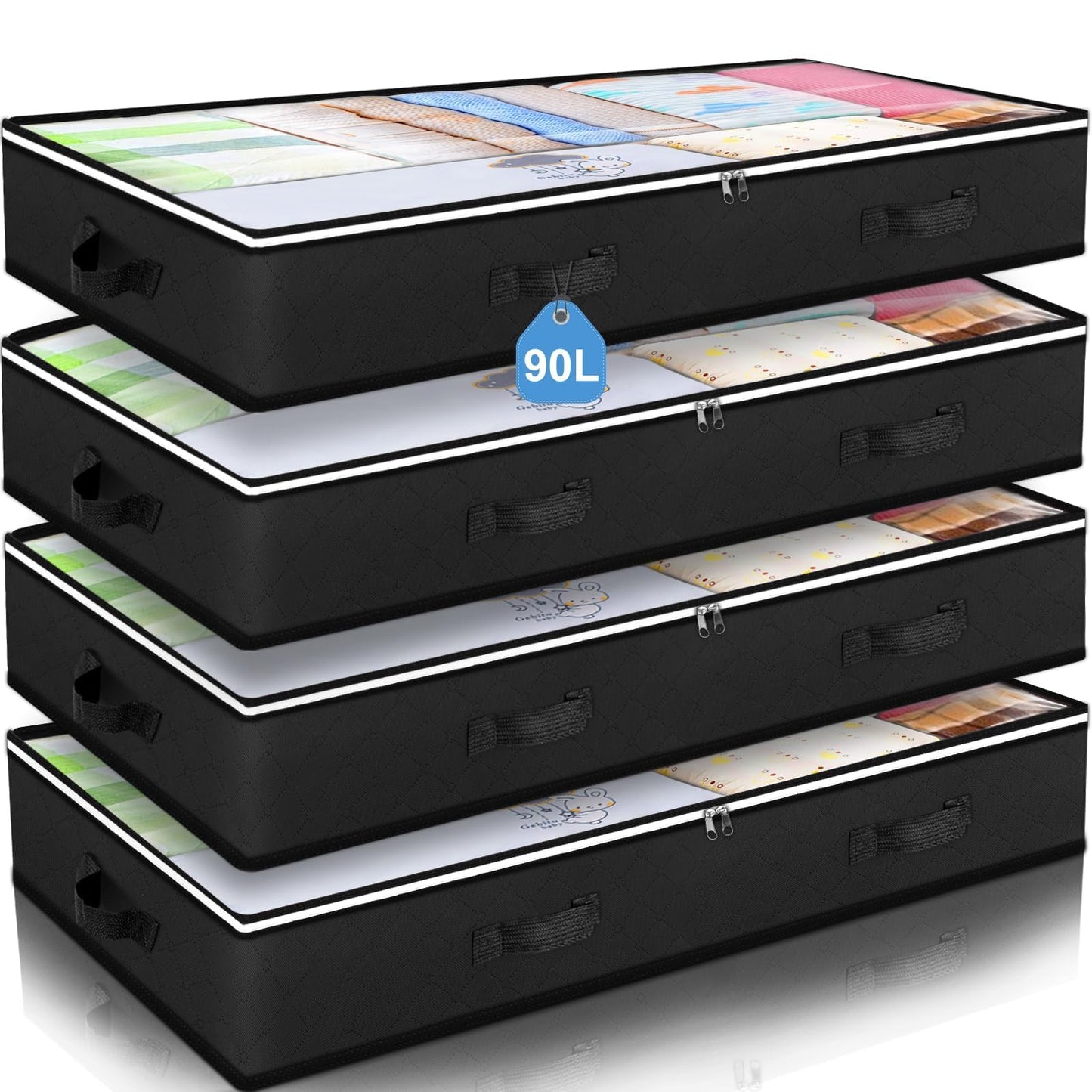 Budding Joy 90L Under Bed Storage Containers, Closet Organizers and Storage Bins, Foldable Underbed Storage Bags for Blankets, Towels, Comforter, Sweaters, Pillows, Linen Sheets, Wrapping Paper，Black