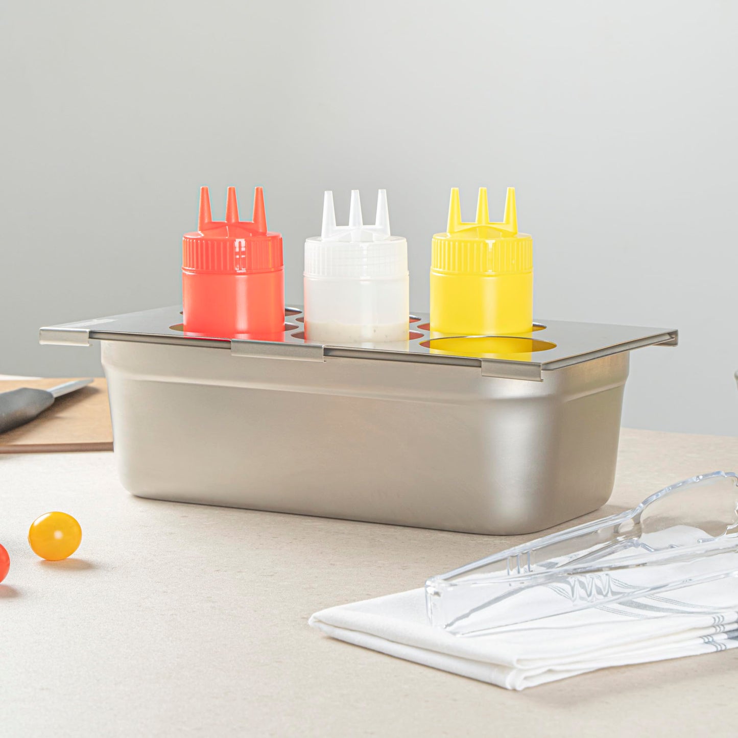 Restaurantware Six Hole Condiment Organizer - 12.795 x 7.087 Inch Stainless Steel Squeeze Bottle Holder With Compact Design For Kitchen Prep Stations - Silver Durable Sauce Rack
