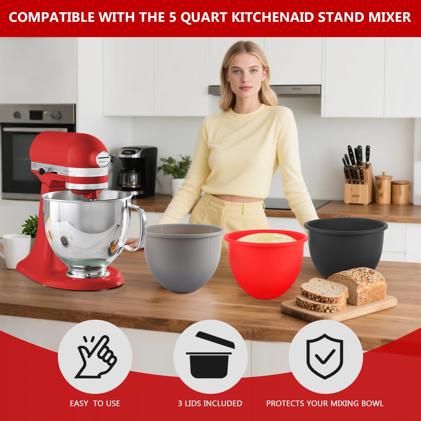LETOMS Silicone Bowl Liner for KitchenAid Tilt-Head 5QT Mixers - 3 Liners & 3 Lids Included, Leak-Proof Sealing Design, Easy-to-Replace Food-Grade Silicone Bowls (Not for Bowl-Lift Models)