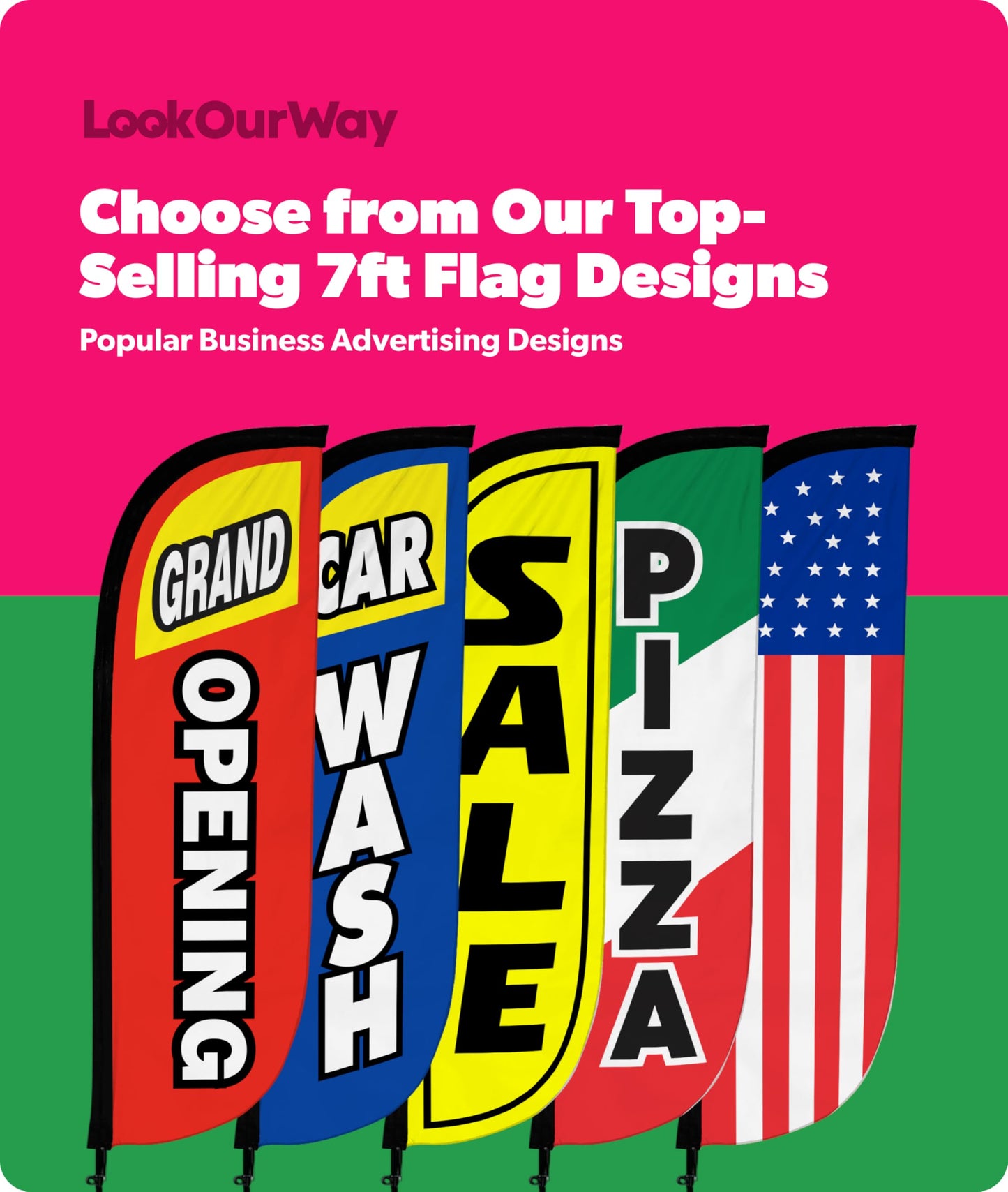 LookOurWay Feather Flag Pole Kit - 7 Feet Tall Advertising Banner with Fiberglass Pole Set and Ground Spike for Business Promotion - Real Estate Flags - For Rent