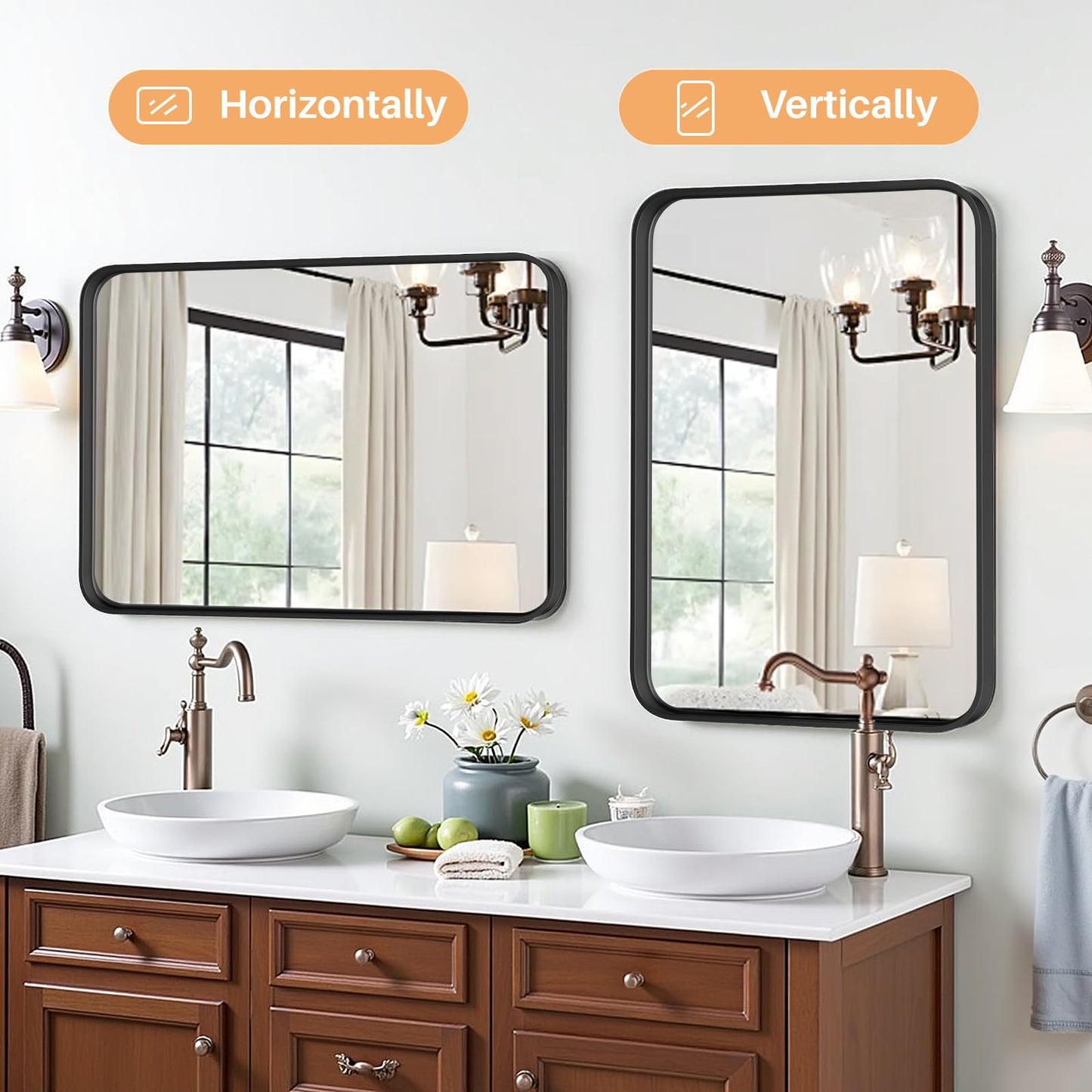 Bathroom Mirror for Wall, 36x24 Inch Rounded Rectangle Mirror, Black Metal Framed Bathroom Vanity Mirror for Restroom Farmhouse, Anti-Rust, Tempered Glass, Horizontally or Vertically Hanging