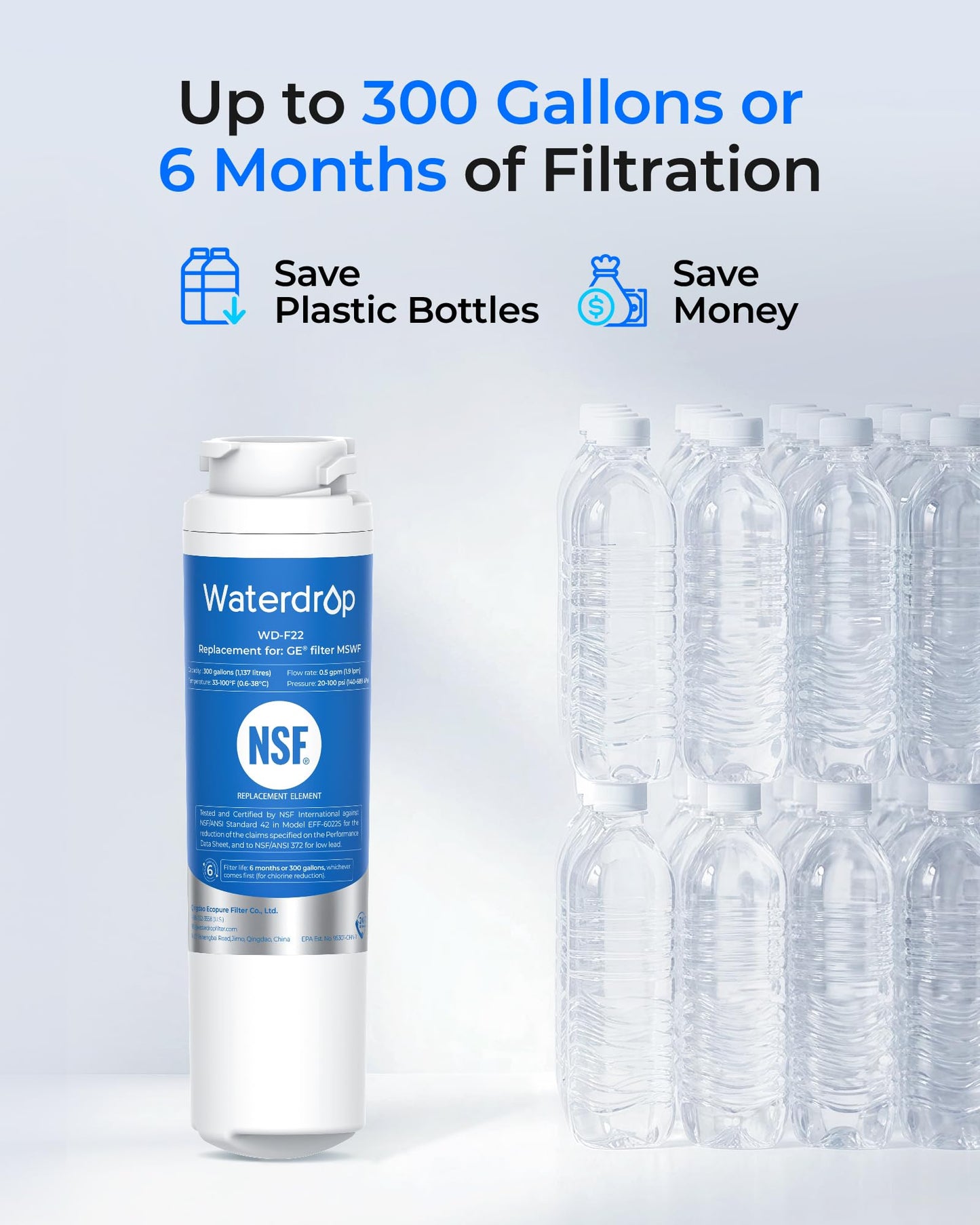 Waterdrop MSWF Refrigerator Water Filter, Replacement for GE® MSWF, 101820A, 101821B, RWF1500A, NSF 42&372 Certified, 3 Pack