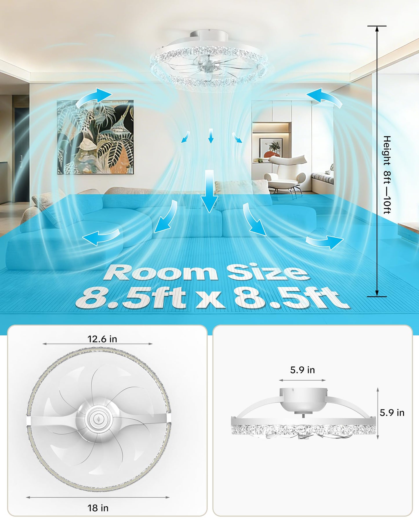 Aphyni Ceiling Fans with Lights and Remote, Low Profile Ceiling Fan, Morden Flush Mount LED Fan Light, 3000K-6500K Dimmable for Bedroom, Kitchen, Living Room, Srystal, White