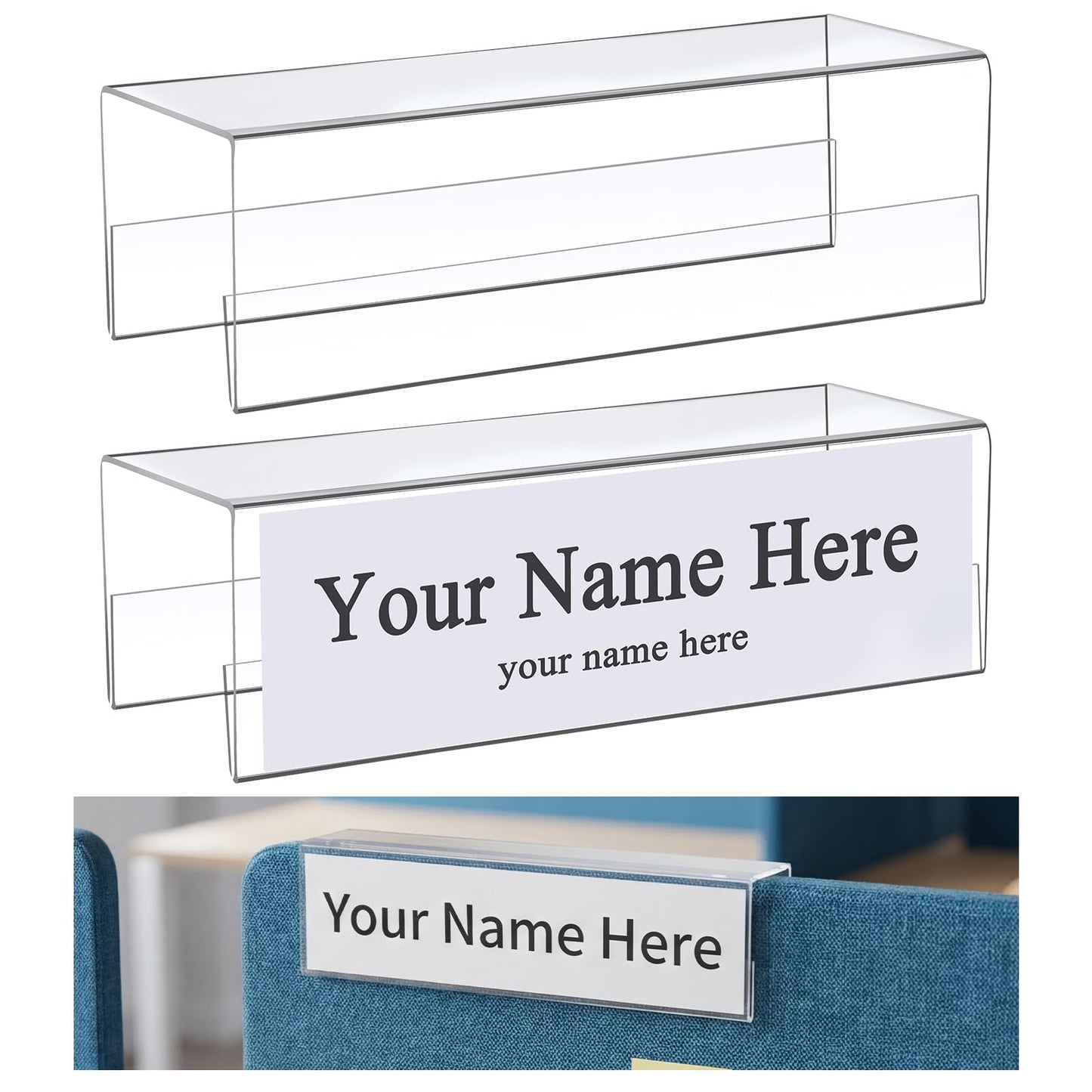 Fumete 10 Pack Double Sided Cubicle Acrylic Name Plate, 8.5" x 2.5" Ultra High Definition Acrylic with Thick Desk Name Sign Holders for Office Meeting Business fit 3 Inch Cubicle Wall Display