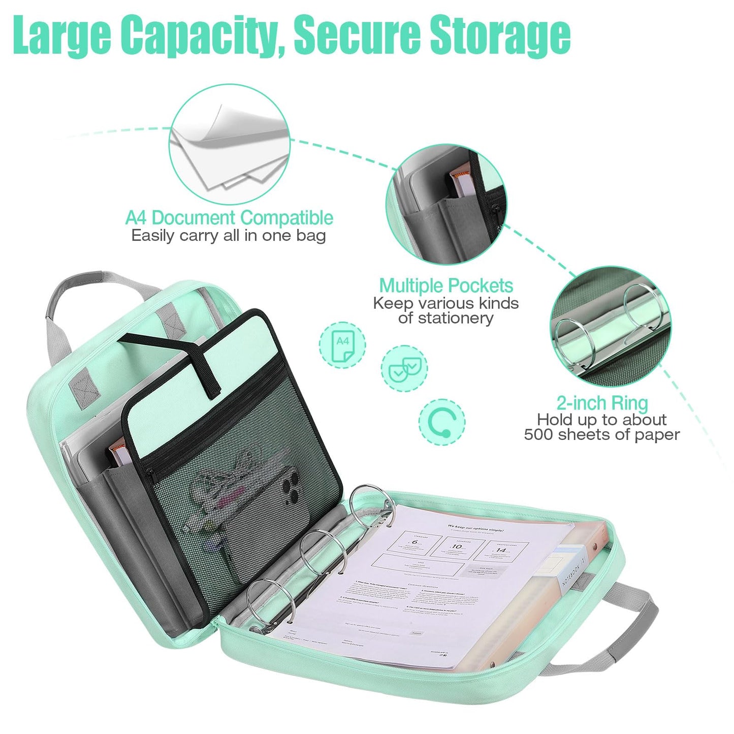 MoKo Zipper Binder, 2 Inch 3 Ring Binder with Zipper, 500 Sheet Capacity Zip Up Binders with Shoulder Strap Handle, Multi-Pocket Zip Up Binders for Middle School Student, Mint Green