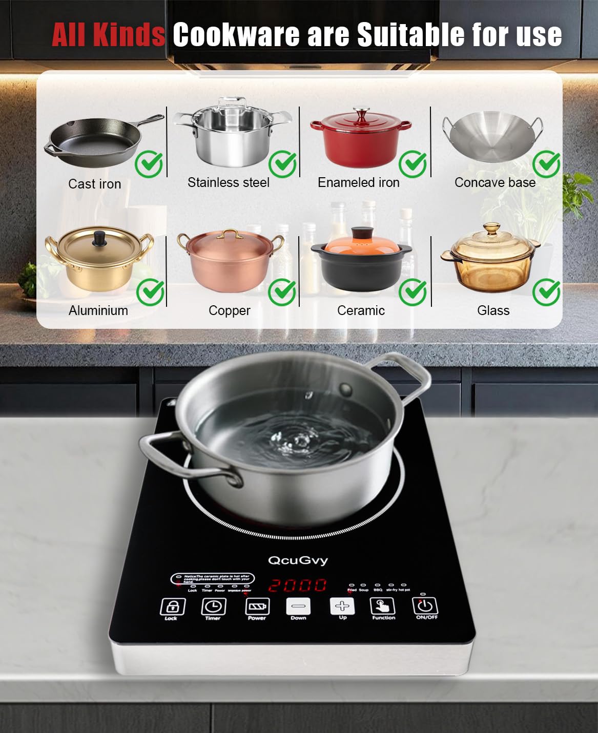 Portable Infrared Burner 2000W Electric Burner with 3 Hours Timer-Electric Hot Plate Touch Control Panel Adjustable Heating Power Glass Plate Electric Cooktop for Cooking (Black 2)
