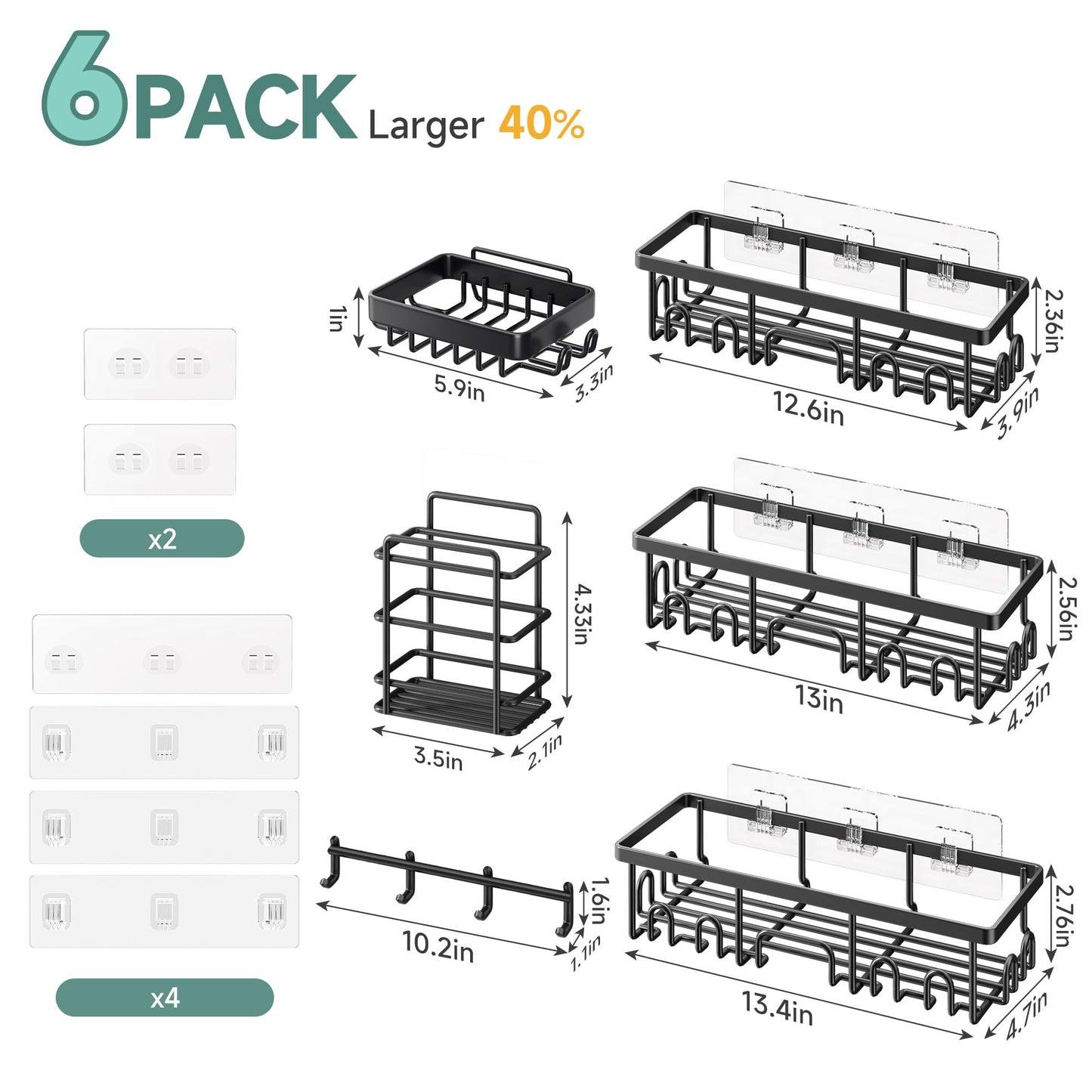Veken Shower Caddy 6-Pack, Advanced Rustproof Design, No Drilling Adhesive Shelves, Rack with Soap Holder, Large Capacity Bathroom Organizers and Storage, Wall-Mounted Kitchen & Home Decor, Black