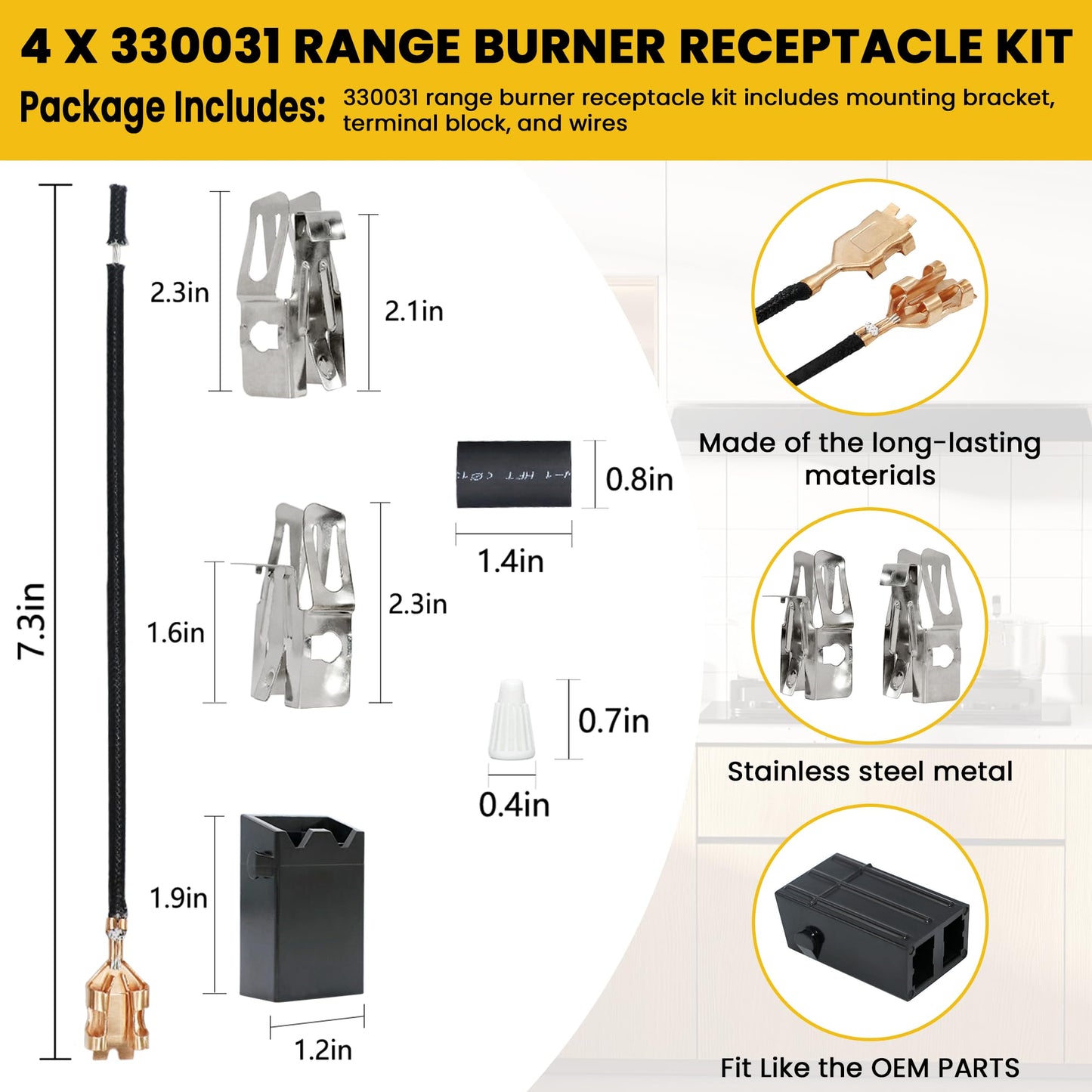 MP22YA Electric Range Burner Element Unit Set（2 pcs MP21YA 8" & 2 pcs MP15YA 6"）with 4pcs 330031 Range Burner Receptacle Kit Fit for Whirl-pool Ken-more Stoves Replace WP660532, WP660533 by AMI PARTS
