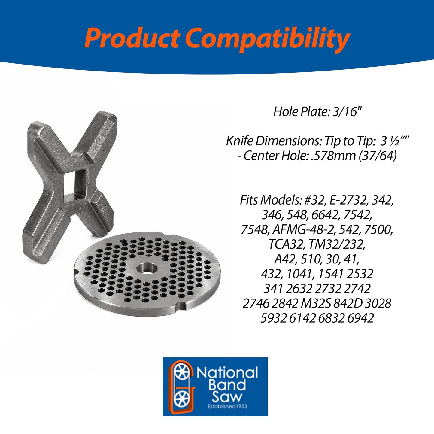 National Band Saw #32 Meat Grinder Plate and Knife Set – Compatible with Hobart, Biro, Enterprise, LEM, Tor Rey, and More – 3/16 Inch Hole Plate, Raised Edge Knife for Commercial Grinding Equipment
