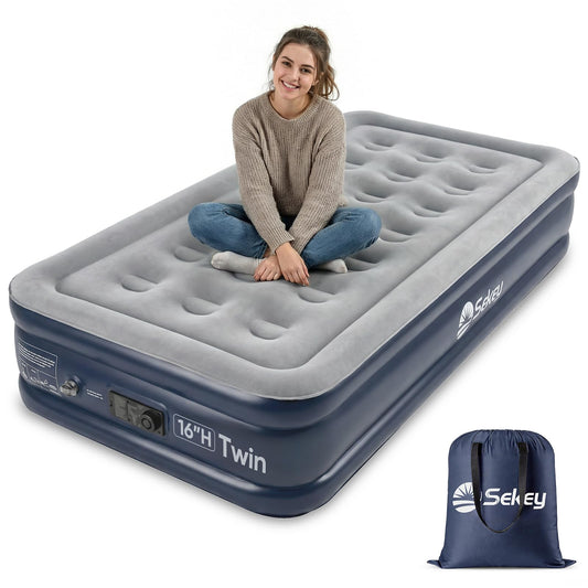 Sekey Twin Air Mattress with Built in Pump, 16" Raised Compact Blow up Mattress, Inflatable Mattress for Camping Guest Home, Portable Travel Air Bed, 3-Min Quick Inflation Deflation, Colchon inflable