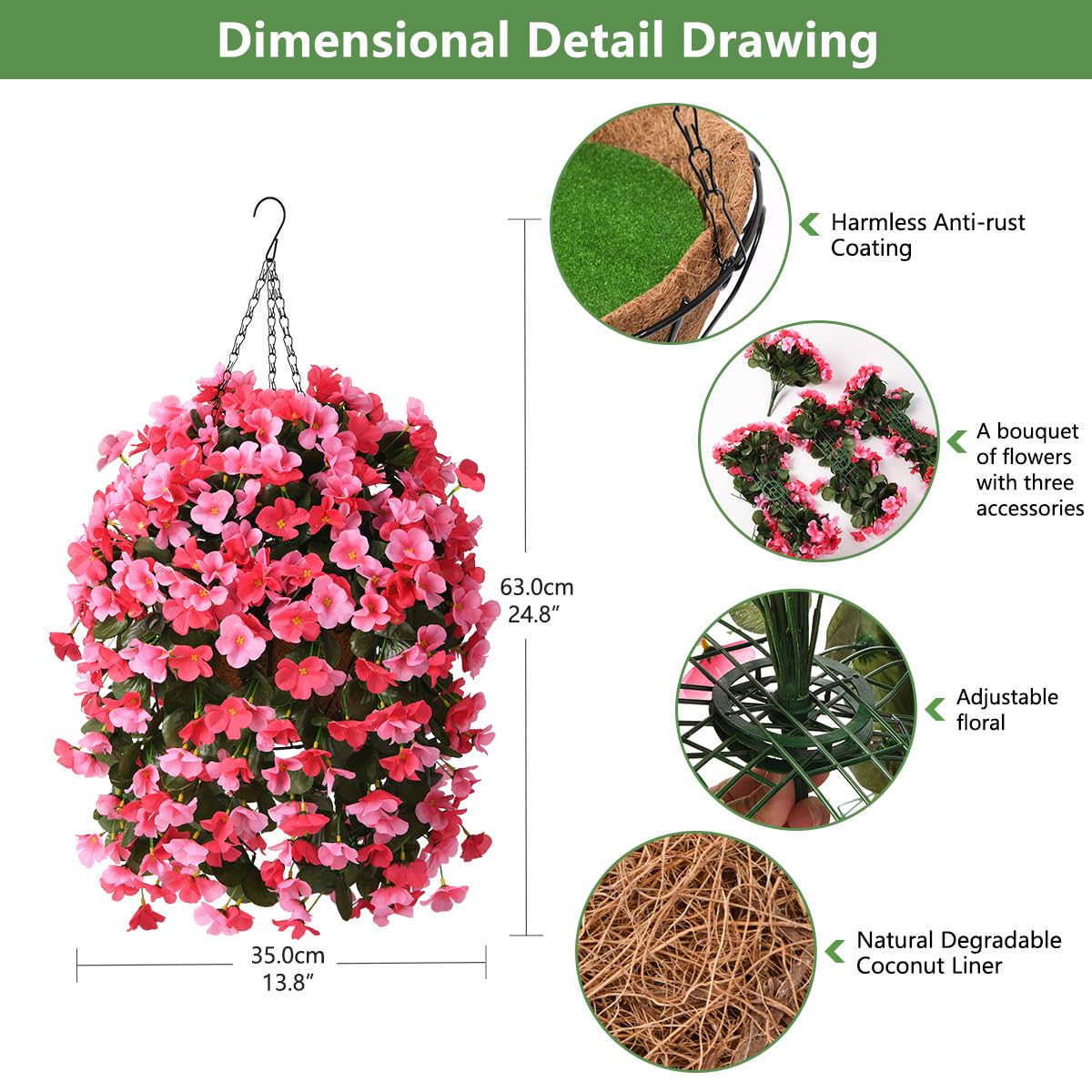 INQCMY Artificial Hanging Flowers Basket for Outdoors Spring Summer Decoration,Faux Silk Begonia in Planter Look Real UV Resistant for Outside Home Porch Patio Garden Balcony Yard Decor（Deep Pink）