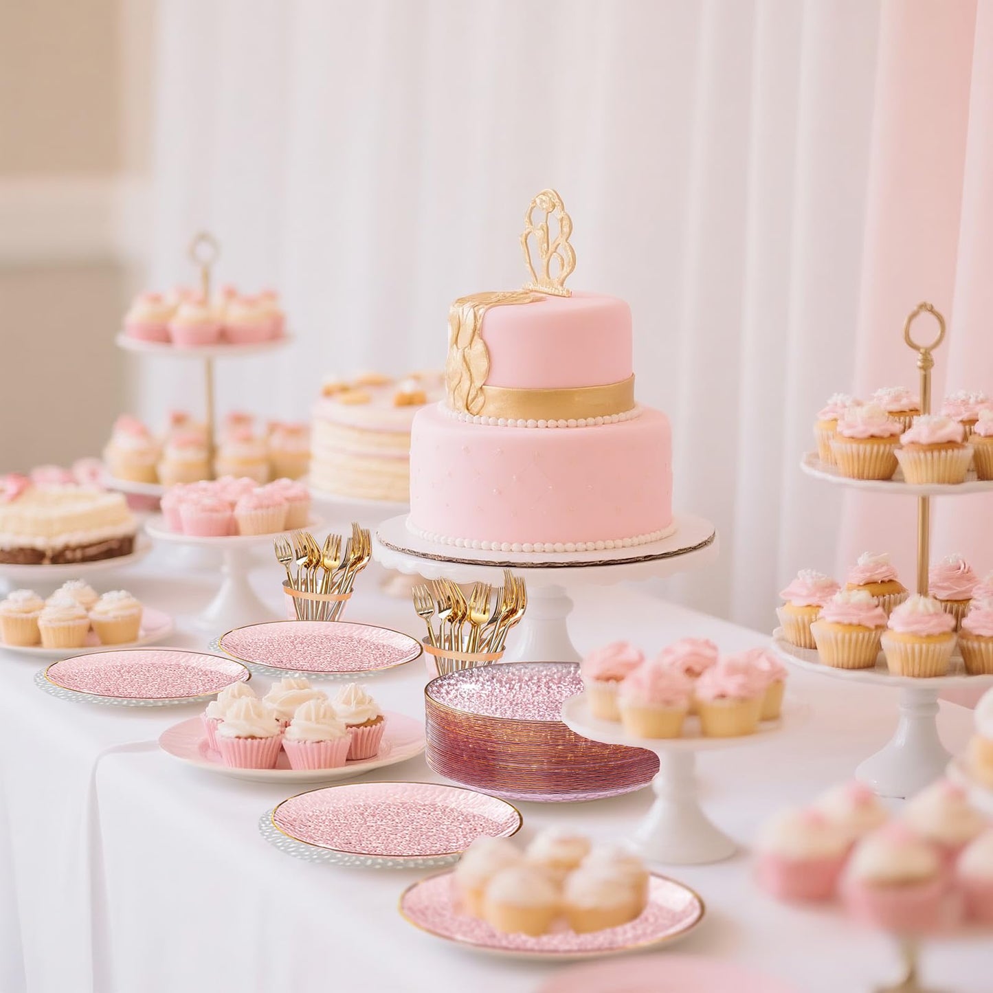 DaYammi 240Pcs Pink Plastic Plates Including 120Pcs Pink Dessert Plates and 120Pcs Gold Plastic Forks,Hammered Party Plate,pink and Gold Appetizer plates Heavy duty Disposable Cake Plate for Party