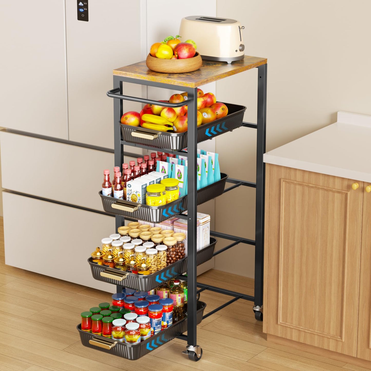 Vivihomety 5-Tier Rolling Utility Cart with Wheels, Kitchen Storage Cart with Wooden Top & Pull-Out Mesh Baskets, Large Capacity Organizer for Kitchen, Bathroom, Laundry Room Black
