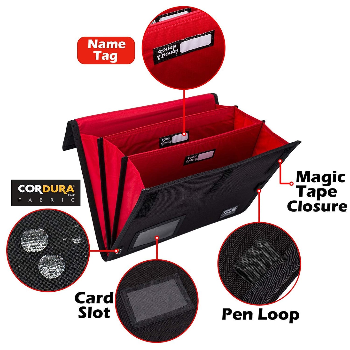 Rough Enough Expanding File Folder, 13x10 Inch Water Resistant Accordion Document Organizer with 3 Dividers, Portable Cordura Portfolio for Office Travel Home, Black