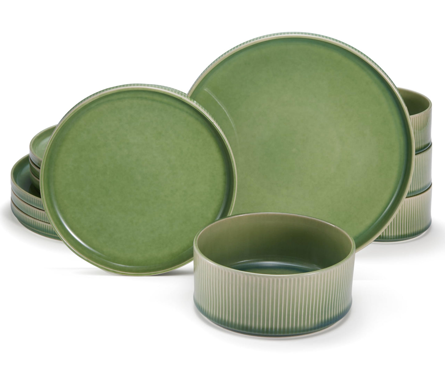 Ceramic Dinnerware Set, by Vase and Vessel, 12-Piece Service for 4, 9.8” Dinner Plates, 8” Salad Plates, 20 oz Bowls, Ombre Reactive Glaze, Durable Stoneware, Microwave & Dishwasher (Moss Green)