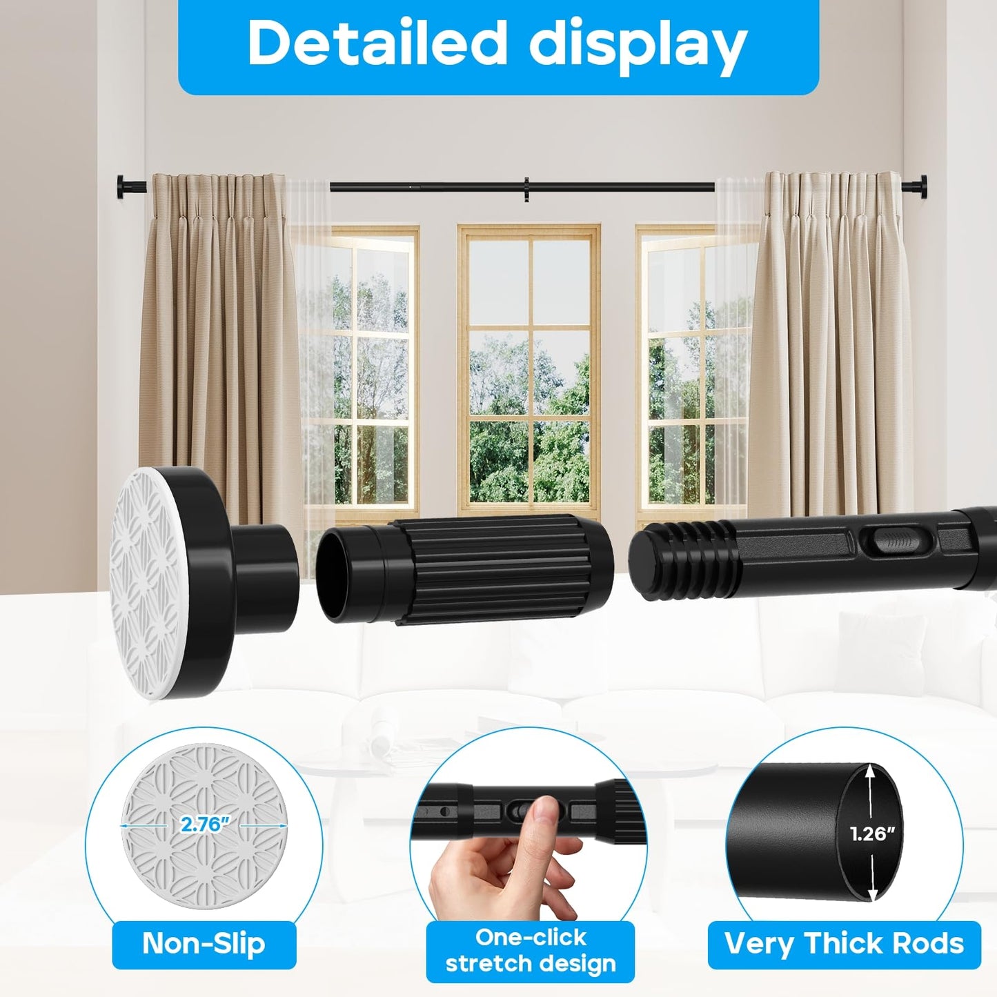ZipGlo Tension Curtain Rod Black Shower Rod 40-166IN Extra Long Curtain Rods No Drilling Adjustable Tension Rods for Window Shower or Bathroom Outdoor Patio Diameter 1.26In