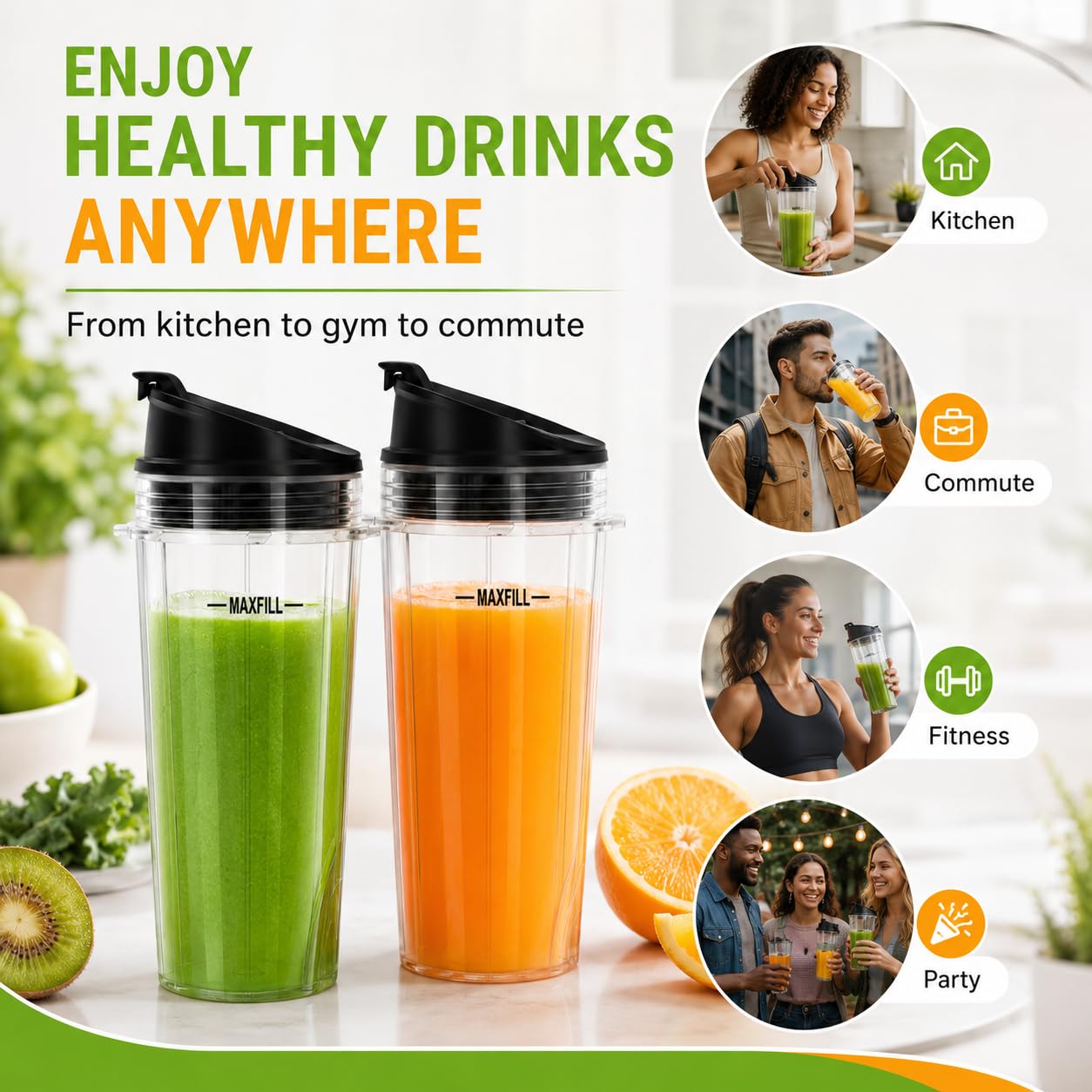 Blender 16oz Cups Replacement for Ninja - 3 Pack Ninja Blender Cups with Lids, Compatible with Ninja QB3001SS, BL770, BL780, BL660, BL740, BL810, Nutri Ninja Series Blenders