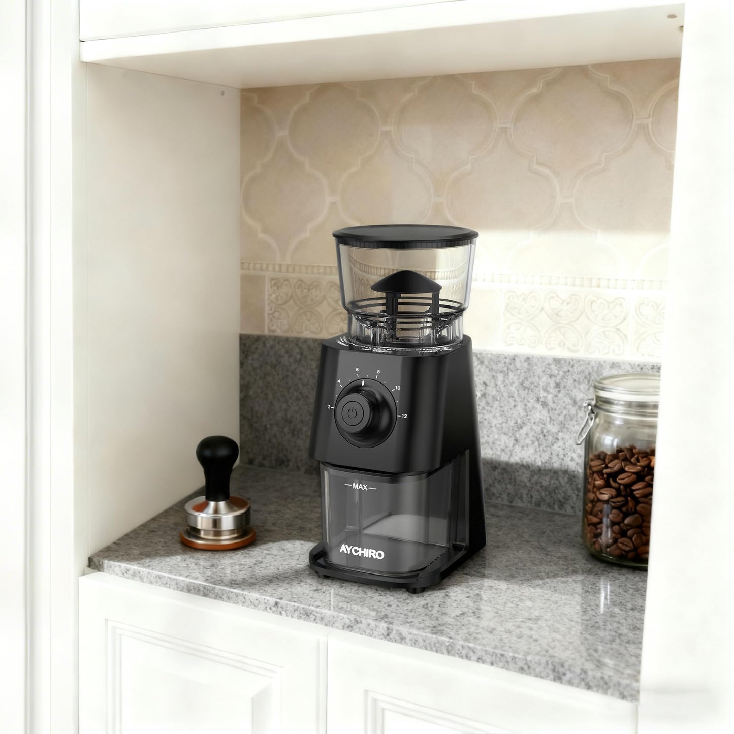 AYCHIRO Coffee Grinder Electric, Coffee Beans Grinder for Home Use with 30 Grind Settings - 12 Cups Capacity for Espresso, Drip & Americano, Black