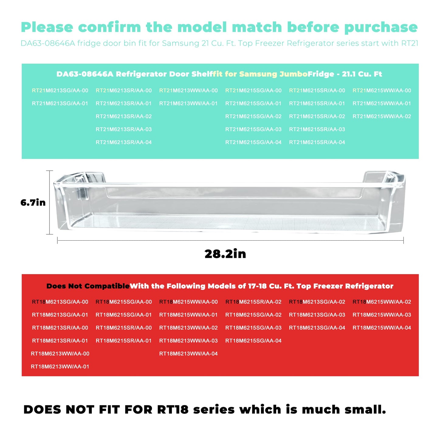 RT21M6213SR/AA Door Shelf fit for Samsung,DA63-08646A fit for Samsung Refrigerator Door Bin RT21M6215SG/AA RT21M6215WW/AA RT21M6213SG/AA RT21M6213WW/AA RT21M6215SR/AA AP6241329 prime&swift