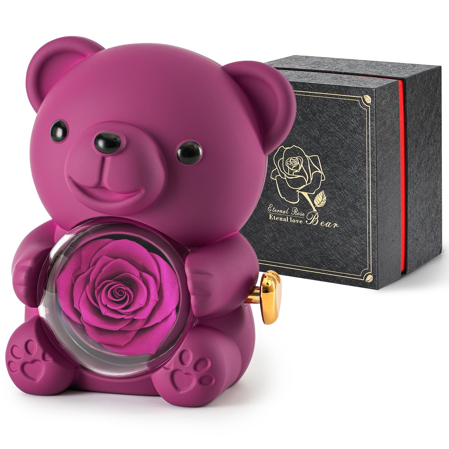 Cute Teddy Bear with Preserved Rose - A Real Rose Flower in Bear with Elegant Gift Box - Romantic Gift for Her in Mother's Day, Weddings, Anniversaries, and Bridal Showers (Purple)