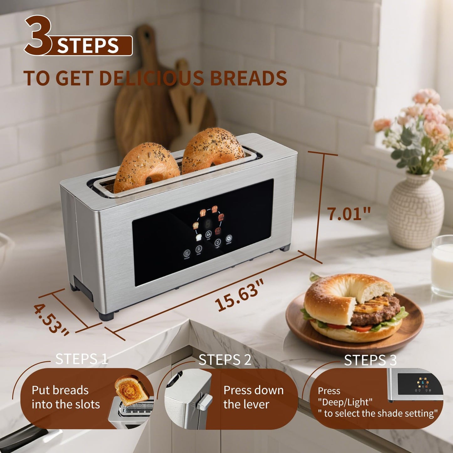 BBday 2 Slice Toaster with Touch Screen, Slim Toaster For Long Slice, 1.6" Wide Slot, 6 Browning Levels, 1000W Fast Heating, Slim Stainless Steel Design for Bagels, Baguettes, Compact Kitchen & RV Use