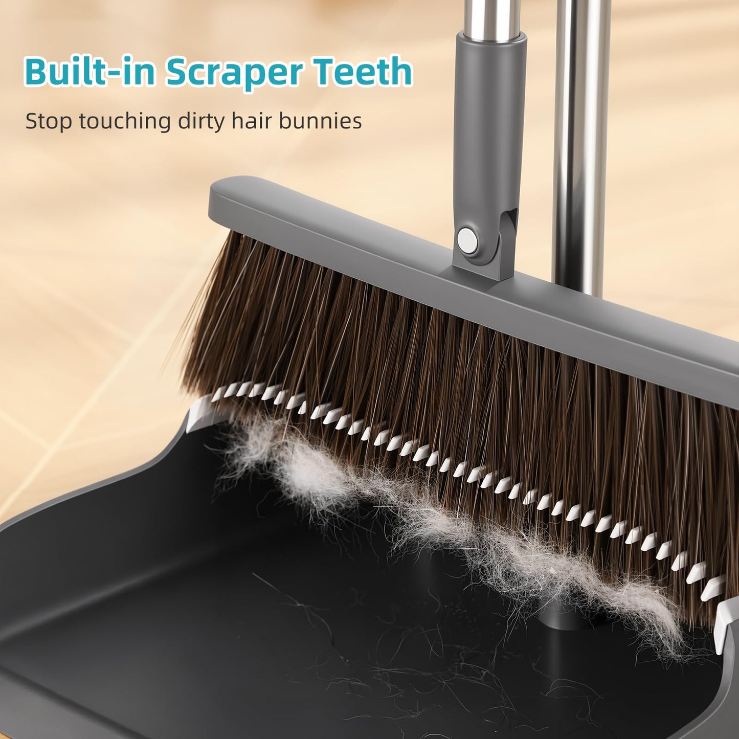 MOPALL Broom with Dustpan Combo Set with 52.5" Extra Long Handle, Self-Cleaning Dustpan Teeth for Dog Cat Pets Hair, 180° Swivel Brooms Head for Sweeping Indoor, Includes 2 Broom Heads