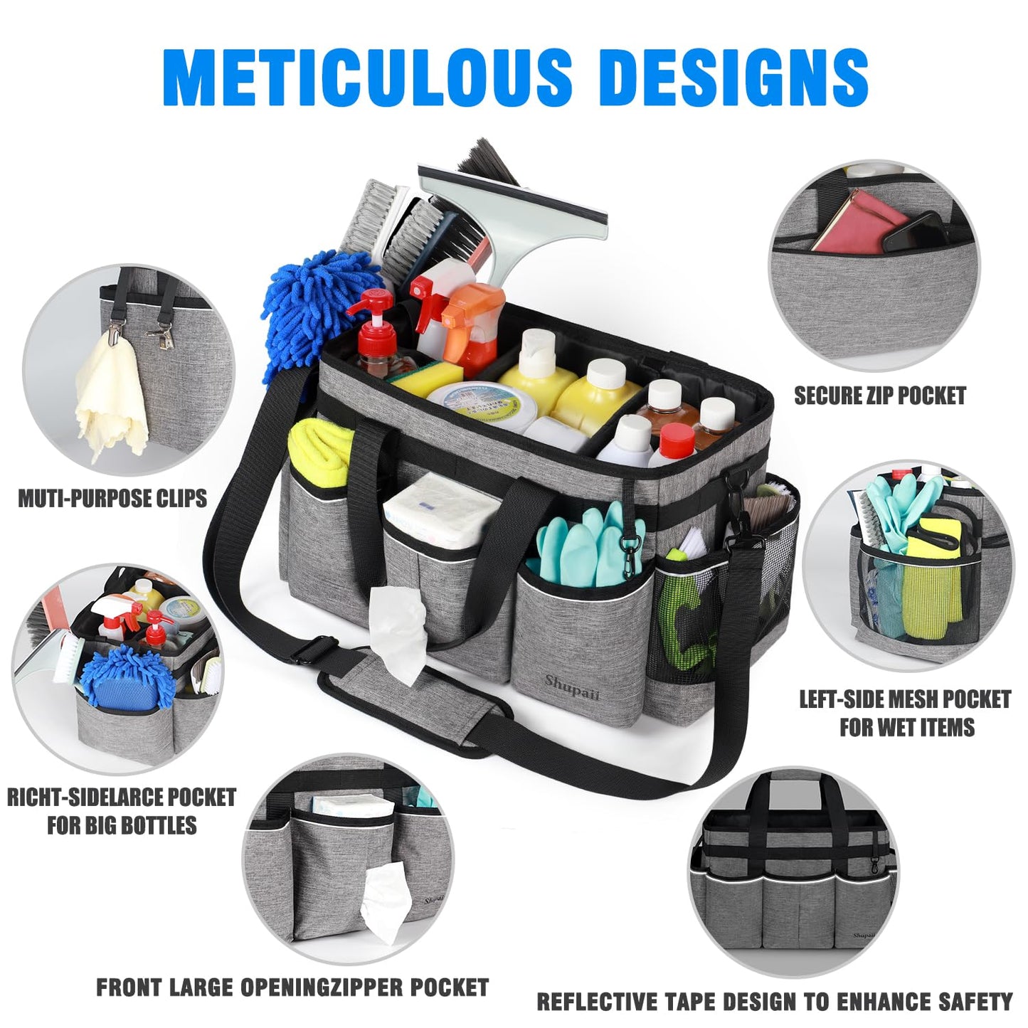 Shupaii Wearable Cleaning Caddy Bag, Cleaning Caddy Supplies Organizer with Handles for Cleaners & Housekeeper, Under Sink & Car Cleaning Tool Organizers Bag with Adjustable Shoulder Strap&Waist Belt