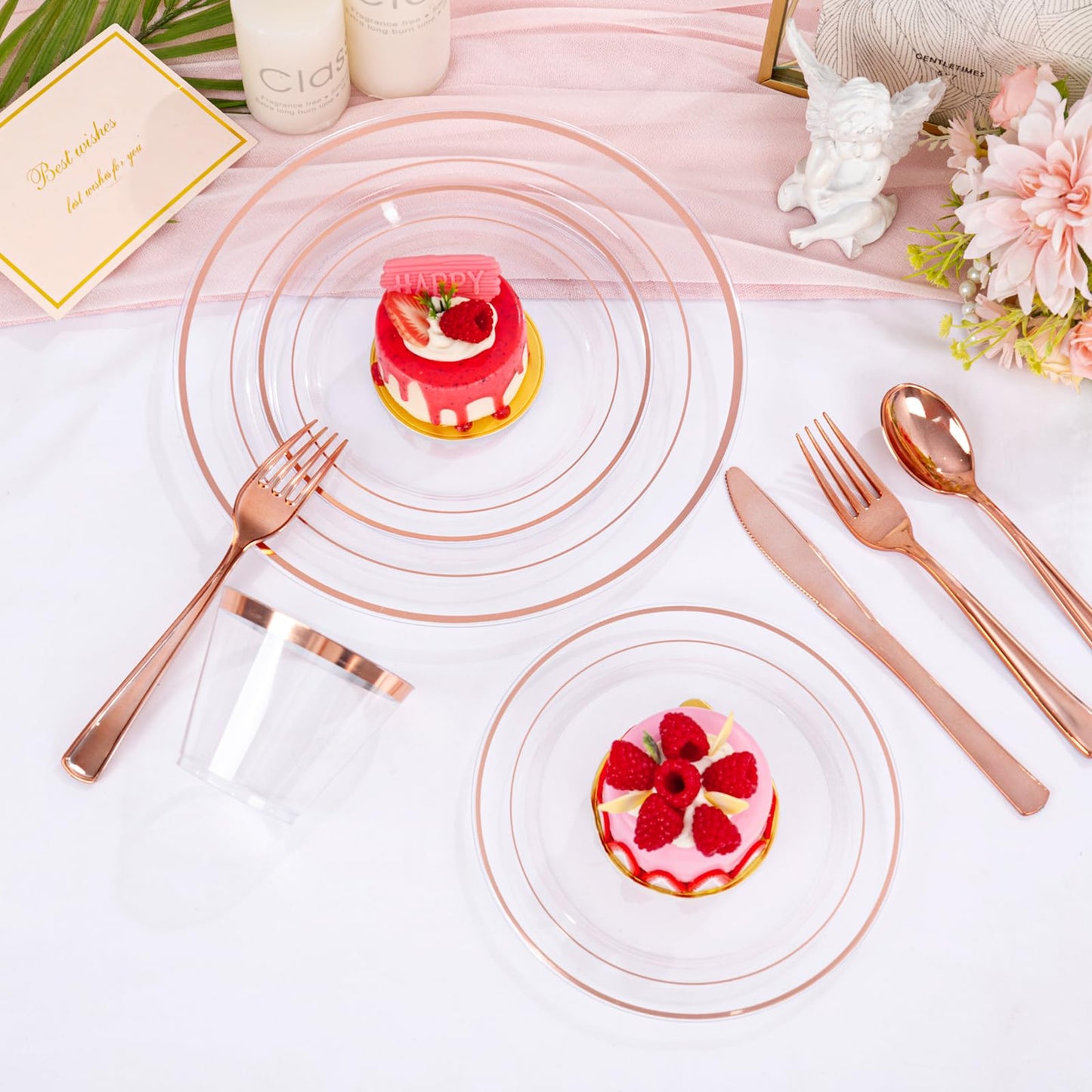 bUCLA 300PCS Rose Gold Plastic Dinnerware - Clear Dinnerware Set Disposable Include 50 Dinner Plates,50 Dessert Plates,50 Knives,50 Forks,50 Spoons,50 Cups for Party & Wedding