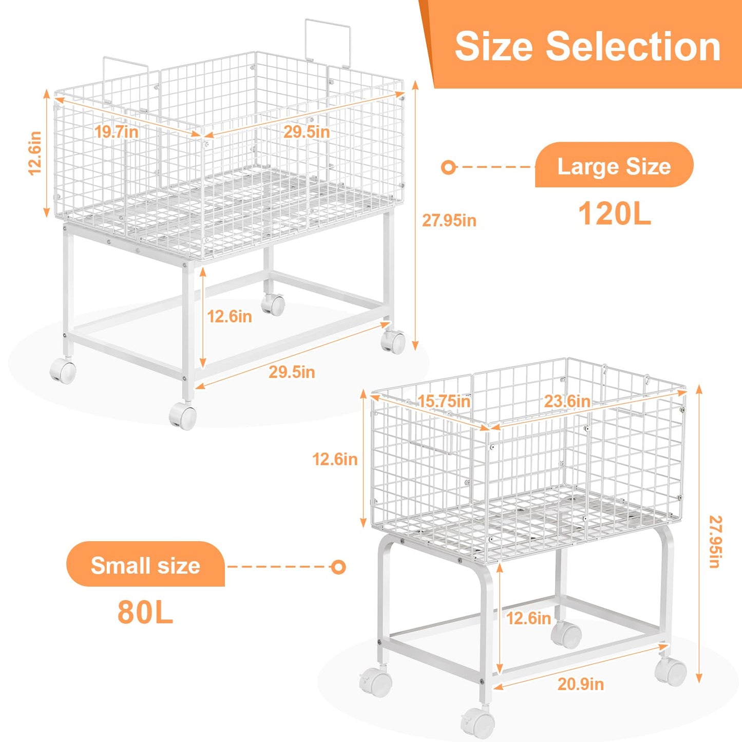 Wire Laundry Cart with Wheels,80L Rolling Laundry Basket Trolley with Pull Handle,White High Laundry Basket Cart for Laundry Room,Bathroom,Bedroom-White(23.6 * 15.75 * 28inch)