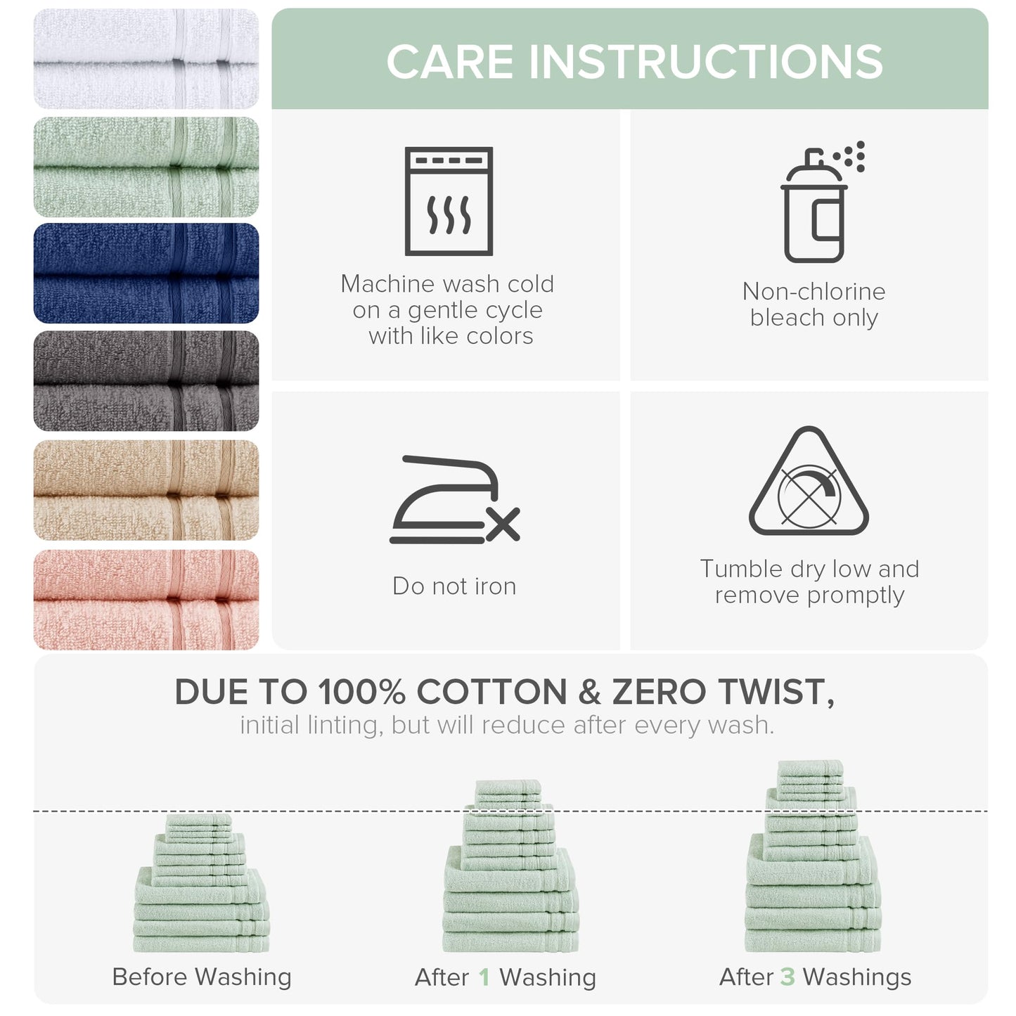 Comfort Spaces Luxury Bath Towel Set of 12 - 4 Large, 4 Hand, 4 Washcloths, 100% Cotton Quick Dry, Zero Twist, Soft Lightweight, Seafoam Green