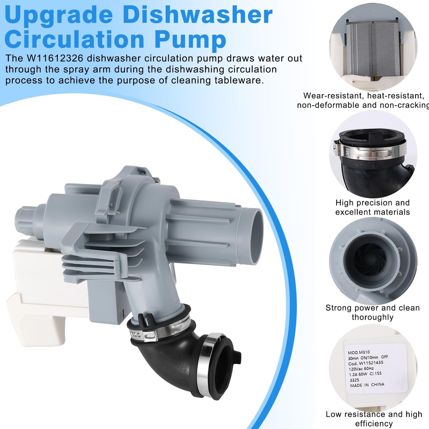 W11612326, W10805386 Dishwasher Circulation Pump Replace Dishwasher Pump W10879262, W11521435, AP7193729 Compatible with Whirlpool, Amana, Kenmore Parts: W10879262, PS16744934, W11521435