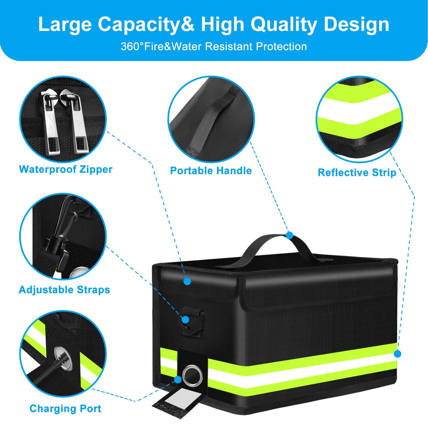 Lipo Fireproof Explosionproof Safe Bag-Large Capacity Storage Guard Pouch for Charging with Waterproof Zipper/Reflective Strip/Handle/Shoulder Strap-12 Cell Adjustable (12.6x6.7x6.7in)