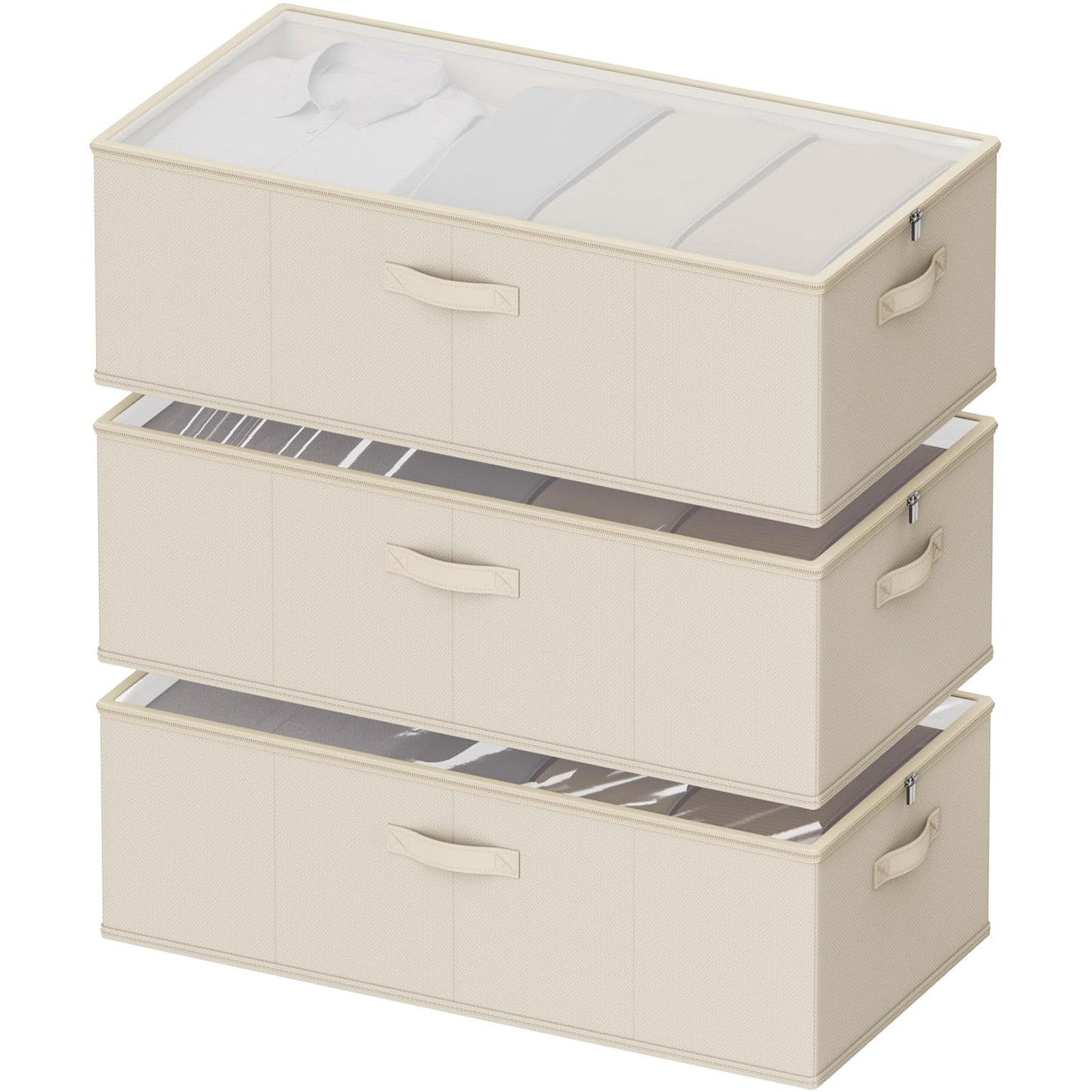 Chizjox 10inch 3 Pack Under Bed Storage Containers, 10 Inch Tall Underbed Clothes Storage Organizer Bin with Clear Window，Foldable Box Basket for Clothes, Closet, Bed Sheets and Blankets Beige