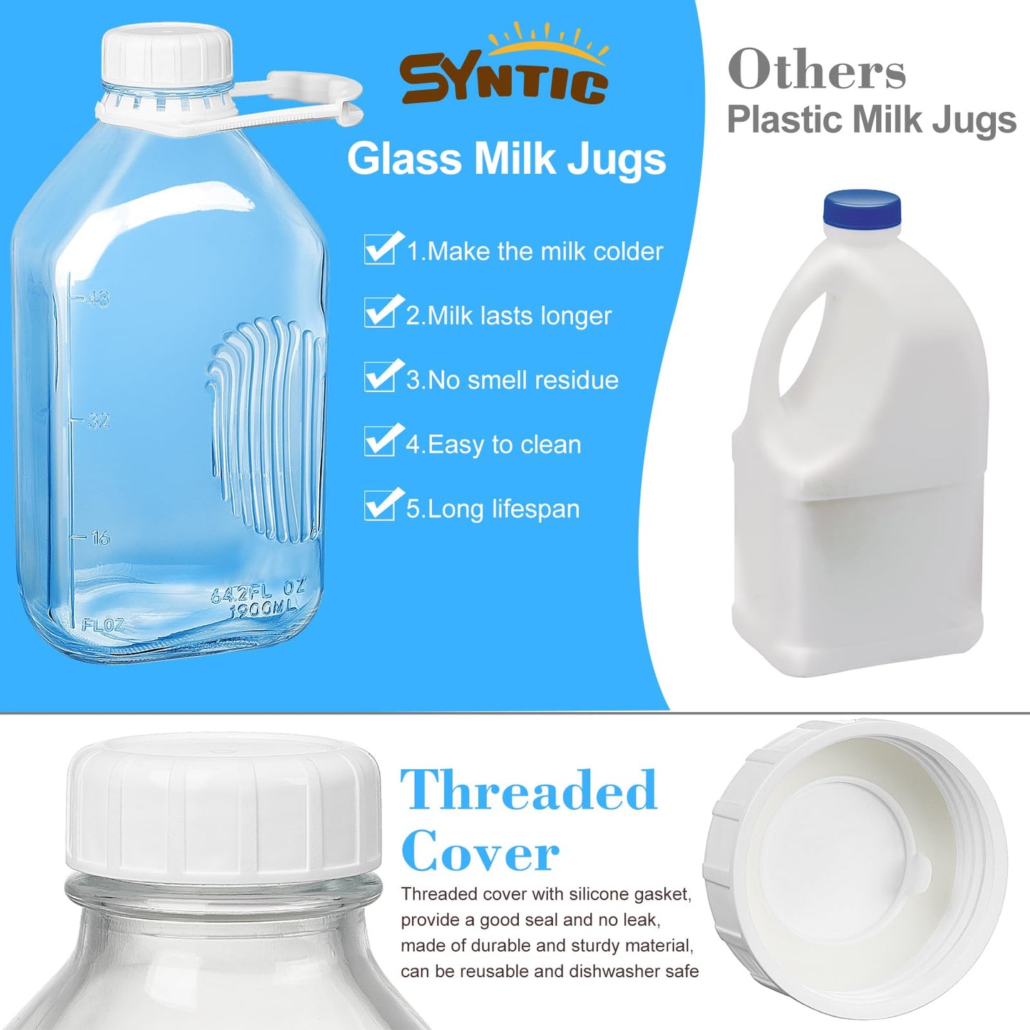 Syntic 4 Pack 2 Qt Glass Milk Bottles with Handle and Airtight Reusable Screw Lids, 1/2 Gal Glass Water & Juice Bottles with 2 Pour Spouts, 64 Oz Milk Jug Pitcher w Scale
